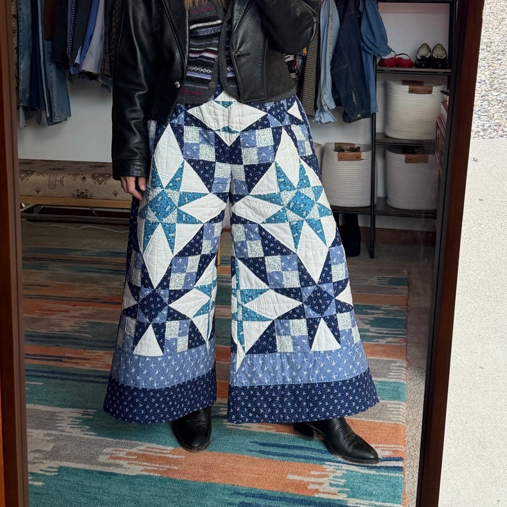 Blue Patchwork Wide-Leg Quilted Pants - Picture 2 of 10